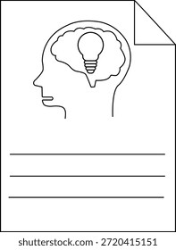 Um desenho branco em uma página uma cabeça com um cérebro e uma lâmpada dentro e três linhas abaixo