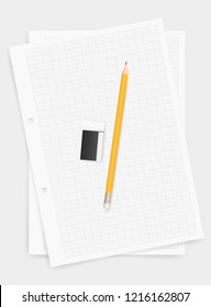 White drawing paper background with pencil and eraser. Vector illustration.