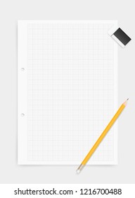 White drawing paper background with pencil and eraser. Vector illustration.