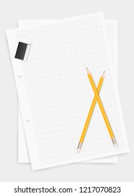 White drawing paper background with pencil and eraser. Vector illustration.