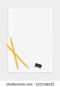 White drawing paper background with pencil and eraser. Vector illustration.
