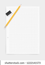 White drawing paper background with pencil and eraser. Vector illustration.
