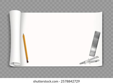 White drawing paper with stationery, pencil, ruler and drawing compass. Template isolated on transparent background. Vector mockup