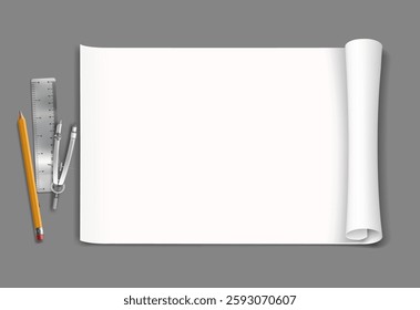 White drawing paper with stationery, pencil, ruler and drawing compass. Template isolated on gray background. Vector mockup
