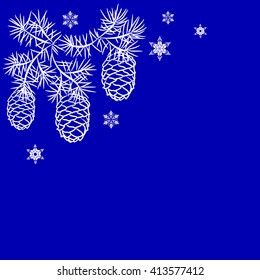 White drawing the silhouette of pine branches with cones on blue