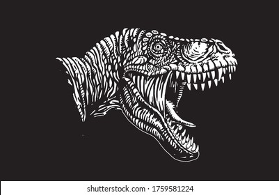 White drawing of tyrannosaurus portrait isolated on black background, vector illustration