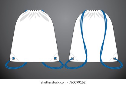 White drawstring bag with blue rope design on gray background. Front and back views, vector file.