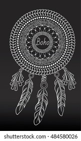 White dream catcher with feathers. Boho chic style. Hand drawn. Vector illustration.