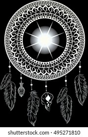 White dream catcher with feathers. Boho chic style. Hand drawn. Vector illustration.