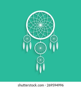 white dream catcher with shadow. concept of handmade, amulet, indigenous religion, slumber, hipster souvenir, nightmare, magical mascot, folk. flat style modern logo design vector illustration