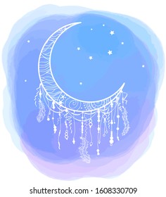 White dreamcatcher on digital watercolor spot. Print for your design