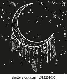 White dreamcatcher with stars on black. Abstract mystic symbol. Design for spiritual relaxation for adults