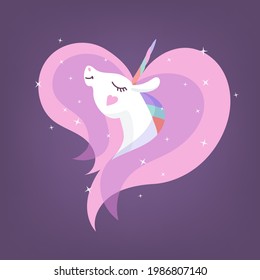 White dreaming unicorn head on dark purple background. Heart pink mane, magic stars. The drawing is not transparent. Cute rainbow cartoon animal. Pony with horn. Unicorn logotype, t-shirt print  etc.