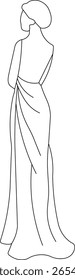 White dress fashion illustration of a woman's body silhouette, a black line art drawing
