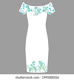 White dress with forget-me-nots, lilies of the valley, green leaves, hand-drawn, stylized, pattern for embroidery, printing on fabric, work of a designer, individual tailoring