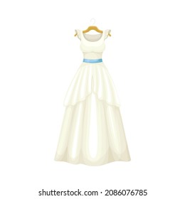 White Dress with Long Skirt and Blue Belt on Hanger as Neat and Clean Clothing Vector Illustration