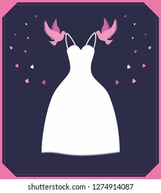 White dress with pigeons and hearts. Inspired by Cinderella. Dark blue background with pink frame