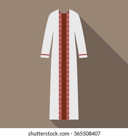 White dress with red folk decor.