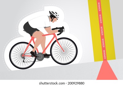 white dressed cyclist riding upwards to finish line vector isolated illustration