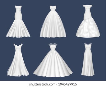 White dresses. Wedding clothes for beauty woman fashion dresses for brides evening party decent vector realistic pictures svg