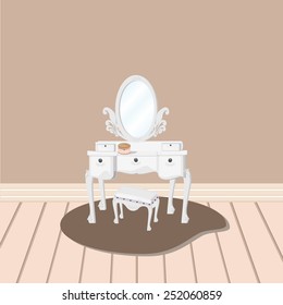 white dressing table with relate mirror and stool in the room