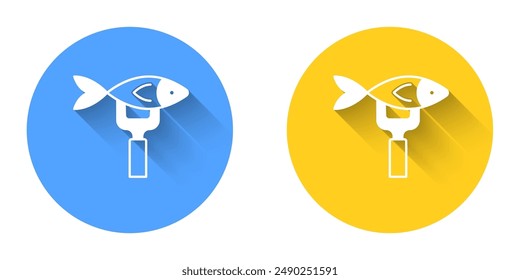 White Dried fish icon isolated with long shadow background. Circle button. Vector