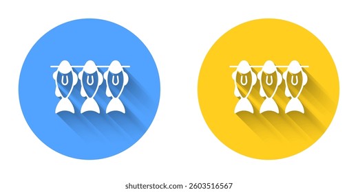 White Dried fish icon isolated with long shadow background. Circle button. Vector