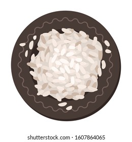White Dried Rice in Ceramic Plate, View from Above Vector Illustration