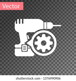 White Drill machine and gear icon isolated on transparent background. Adjusting app, service concept, setting options, maintenance, repair, fixing. Vector Illustration