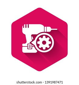 White Drill machine and gear icon isolated with long shadow. Adjusting app, service concept, setting options, maintenance, repair, fixing. Pink hexagon button. Vector Illustration