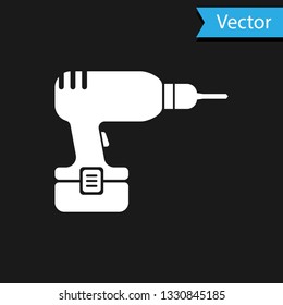 White Drill machine icon isolated on black background. Vector Illustration
