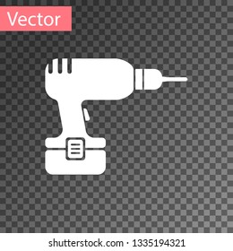 White Drill machine icon isolated on transparent background. Vector Illustration