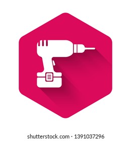 White Drill machine icon isolated with long shadow. Pink hexagon button. Vector Illustration