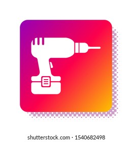 White Drill machine icon isolated on white background. Square color button. Vector Illustration