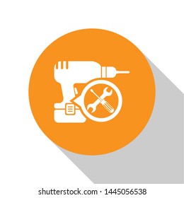 White Drill machine with screwdriver and wrench icon isolated on white background. Adjusting, service, setting, maintenance, repair, fixing. Orange circle button. Vector Illustration
