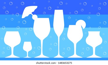 White drink glasses silhouettes with different shapes and size on different shades of blue background with white bubbles silhouettes.
