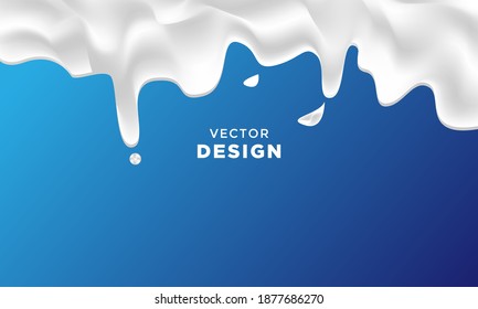 White dripping milk isolated on blue background. 3d vector illustration. Liquid cream waves. Dairy products decoration. Food concept