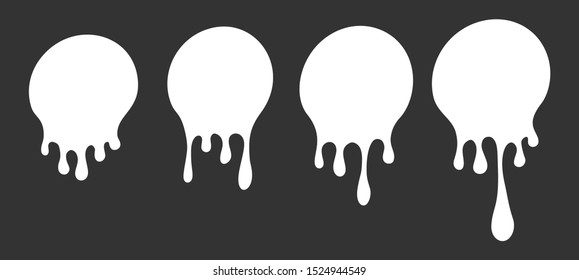 White dripping round paint set, liquid ink splash and drops. Melted circle vector image. Isolated on black background.