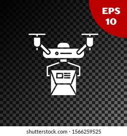White Drone delivery concept icon isolated on transparent dark background. Drone carrying a package. Transportation, logistic concept.  Vector Illustration