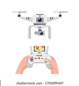 white drone with dual camera. hand holding remote control drone with smartphone screen to monitor location cartoon illustration vector isolated in white background