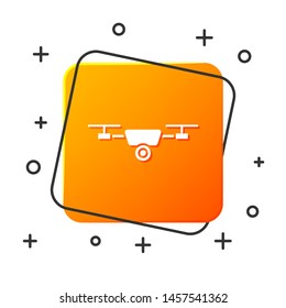 White Drone flying with action video camera icon isolated on white background. Quadrocopter with video and photo camera symbol. Orange square button. Vector Illustration