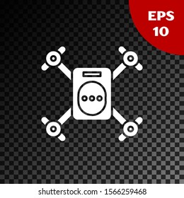 White Drone flying with action video camera icon isolated on transparent dark background. Drone with video and photo camera symbol.  Vector Illustration