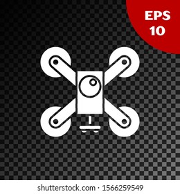 White Drone flying with action video camera icon isolated on transparent dark background. Drone with video and photo camera symbol.  Vector Illustration
