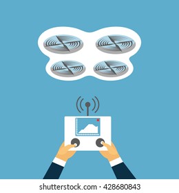 White drone with four screws in the sky. Concept of quadcopter air drone control on tablet pc. Radio-controlled drone and console in hands. Drone and hands with remote control in flat design. Vector