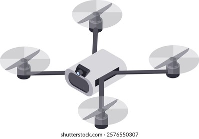 White drone hovering and recording with camera, isometric view, propellers turning, isolated on white background, concept of aerial photography, surveillance, delivery and technology