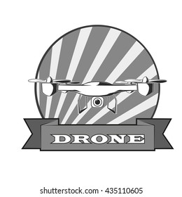 White drone icon in gray circle with white rays and ribbon with text emblem vector icon illustration in white circle element sign logo concept