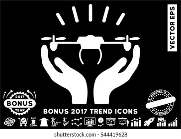 White Drone Launch Hands pictogram with bonus 2017 trend pictures. Vector illustration style is flat iconic symbols, black background.