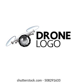 white drone logo icon with camera lens on white background