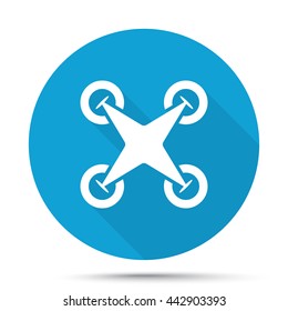 White Drone Quadcopter icon on blue button isolated on white