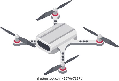 White drone with rotating propellers and a camera flying, capturing photos and videos, representing modern technology and innovation in aerial photography and surveillance